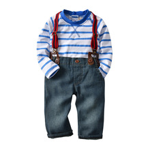 2Pcs Toddler Kids Baby Boy Clothes Set Infant Gentleman Style Long Sleeve Blue Stripe Tops+Jeans Pants Overall Outfits Set 2024 - buy cheap