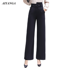 2018 OL Fashion Pants Women Wide Leg Pants with Belt High Waist Trousers Female Suit Pants Autumn Style Office Ladies Black 2024 - buy cheap