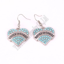 New Arrival rhodium plated zinc studded with sparkling crystals SISTER IN CHRIST heart pendant earring 2024 - buy cheap