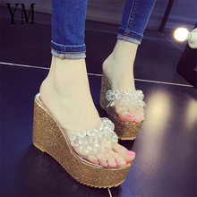 Fashion Brand Bling High Heels Sandals Crystal Peep Toe Summer Women's Shoes Platform Shoes Wedge Solid Woman Sandals slippers 2024 - buy cheap