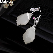 Uglyless Luxury Gemstones Natural White Jade Leaf Earrings for Women Rhombus Fine Jewelry 100% Solid 925 Silver Leaves Earrings 2024 - buy cheap