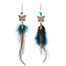 2020 Trendy Temperament Alloy Butterfly Dangle Earrings New Long Blue Feather Natural Stones Pendientes Fashion Earrings Jewelry 2024 - buy cheap