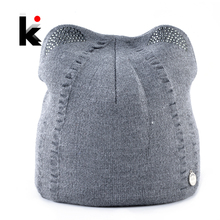 Women's Winter Hats Warm Knitted Hat With Cute Ears Fashion Knitting Rhinestone Beanies Girls Lovely Caps Ladies Solid Bonnet 2024 - buy cheap