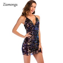 Ziamonga 2019 New Sequin Dress Women Sleeveless Backless Bodycon Sexy Dress Women Deep V Neck Party Dress Elegant Lady Clothes 2024 - buy cheap