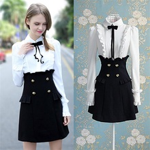 Spring and autumn new women's fake two-piece shirt stitching sweet bow college style temperament A-shaped high waist dress 2024 - buy cheap