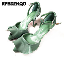 Sapatos de salto médio preto verde, feminino, couro genuíno de alta qualidade, moda gatinho, bico ponteagudo, luxuoso, branco, alça no tornozelo, 2021 2024 - compre barato