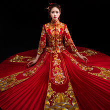 Китайское традиционное свадебное платье Ципао с вышивкой дракона Феникса, одежда для свадьбы со стразами для женщин и невесты 2024 - купить недорого