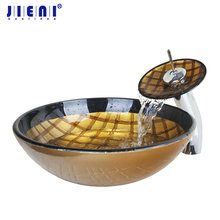 JIENI Brown Lattice Tempered Glass Round Vessel Sink Bathroom Sink Set With Waterfall Polished Chrome Bathroom Faucet Sets 2024 - buy cheap