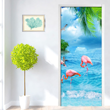 Papel de parede com foto personalizada 3d, mural de flamingo com visão marítima, decoração de coco e flamingo em pvc adesivo para porta traseira 2024 - compre barato