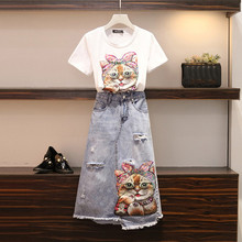 Women Cartoon T Shirts Jeans Suits Casual Short Sleeve Sequins Tshirt+Calf-Length Denim Skirts Sets For Ladies Woman L-4XL 2024 - buy cheap