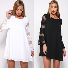 Women's Large Size Sexy Round Neck Mesh Long Sleeve Dress Woman Chiffon A Line Casual Flare Sleeve Lace Double Layer Short Dress 2024 - buy cheap