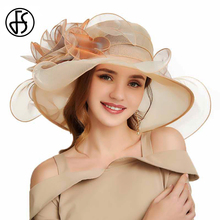 FS 2019 Summer Church Wedding Dresses For Women Sun Hats Wide Brim Kentucky Derby Ladies Tea Party Hat Fedoras Yellow Floral 2024 - buy cheap