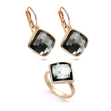 MOONROCY Black Crystal Ring and Earring Jewelry Set Rose Gold Color Square Jewelry for Women Girls Gift Drop Wholesale 2024 - buy cheap