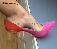 Новые модные женские замшевые туфли-лодочки с острым носком на металлическом каблуке-шпильках; цвет розовый, синий; Клубные модельные туфли на высоком каблуке 12 см без шнуровки 2024 - купить недорого