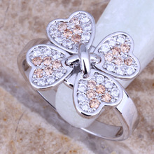 Jitter Champagne Morganite White CZ Silver Plated Four-leaf Clover Ring Size 6 / 7 / 8 / 9 E519 2024 - buy cheap