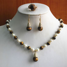 Conjunto de joyería de anillo y collar de ojo de tigre mezclado con perlas blancas de agua dulce, a la moda 2024 - compra barato