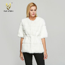 Fur Story 18110 Women's Real Rabbit Fur Coat Winter Fashion Warm Solid Casual Jacket O-Neck Half Sleeve 2024 - buy cheap