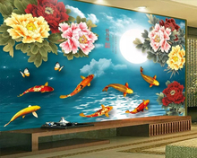 Papel de parede do estilo Chinês da flor da peônia flor lua peixinho 3d papel de parede, restaurante sala de estar sofá tv parede do quarto mural 2024 - compre barato