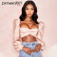 ZHYMIHRET Vintage Square Collar Satin Tshirt Women Buttons Long Lantern Sleeve Crop Tops Sexy Back Zipper Ruched Female T-shirt 2024 - buy cheap
