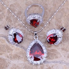 Gallant-conjunto de joyas plateadas de plata rojo granate, pendientes, anillo colgante, tamaño 6 / 7 / 8 / 9 / 10 S0100 2024 - compra barato