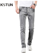 KSTUN Gray Jeans Men Stretch 2021 Spring and Summer Slim Straight Fashion Casual Pants Full Length Trousers Male Denim Pants 2024 - buy cheap
