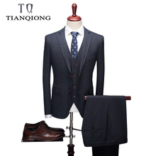TIAN QIONG Brand Mens Striped Suit 2019 Slim Fit Men Suits for Wedding Brand Navy Blue Mens Formal Wear 3 Piece Business Suit 2024 - buy cheap
