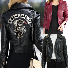 Женские кожаные куртки Sons of Anarchy, зимняя облегающая мотоциклетная куртка-бомбер, пальто с принтом черепа черного, винного и красного цвета 2024 - купить недорого