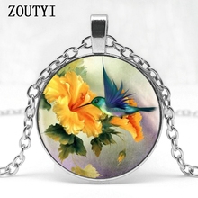 2018/ hot sale, flower branch hummingbird  glass pendant necklace, men and women wear necklace jewelry. 2024 - buy cheap