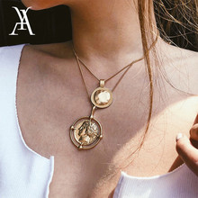 Vintage Double Layers Coin Necklace Women Fashion Gold Color Engraved Portrait Medallion Pendant Necklace Collares Collier 2024 - buy cheap