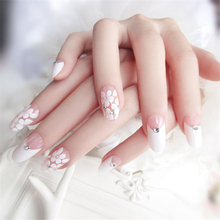 Японский Белый цветок 24 шт./компл., прозрачные овальные накладные ногти, Длинные искусственные ногти с бриллиантами, накладные ногти для дизайна ногтей 2024 - купить недорого