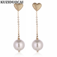 Kuziduocai 2018 New Fashion Fine Jewelry Copper Stainless Steel Ear Pin Big Pearl Love Heart Chain Stud Earrings For Women E-718 2024 - buy cheap