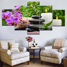 Quadros de tela para decoração, mural sala de estar modular, 5 peças, pedras, bambu, flores de orquídea, arte de parede, impressão hd, posteres 2024 - compre barato