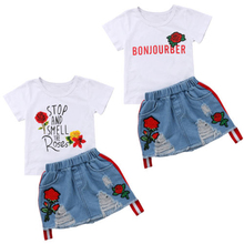 FOCUSNORM New Fashion 2PCS Kids Baby Girl Summer Outfits T-shirt Tops+Denim Rip Dress Party Clothes UK 2024 - buy cheap