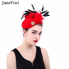 JaneVini Elegant Fascinators Red Wool Felt Bridal Hats 2019 Mesh Fedoras Hat Beaded and Feathers Wedding Party Hair Accessories 2024 - buy cheap