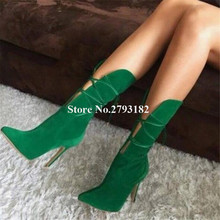 Новейшая модель; Модные женские замшевые сапоги до середины икры с острым носком на шпильке; зеленые сапоги на высоком каблуке с перекрестными ремешками; модельные туфли на каблуке 2024 - купить недорого