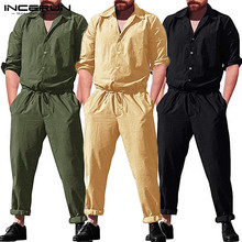 INCERUN сплошной цвет мода 2020 мужские широкие свободные сиамские брюки с длинным рукавом карманные уличные платья рабочая одежда мужчины комбинезон 5XL 2024 - купить недорого