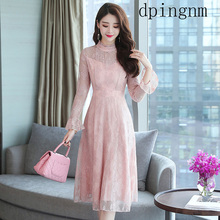 Elegant Pink Lace Dress Women 2018 New Fashion Long Sleeve Stand Collar Hollow Out  Vintage Dress 2024 - buy cheap