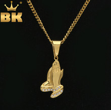 Religous Praying Hands Pendants&Necklaces Men Gold Color Stainless Steel Hip Hop Bling Crystal Rhinestones Fashion Jewelry 2024 - buy cheap