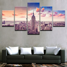 Pintura en lienzo Modular, 5 piezas, puesta de sol, Ciudad de Nueva York, edificio, paisaje urbano, póster, decoración del hogar, arte de pared, imágenes sin marco 2024 - compra barato