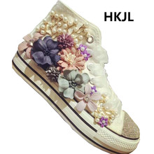 Flat bottom new fashion flowers three-dimensional high-top thickening inside increased canvas shoes rhinestone customization 2024 - buy cheap