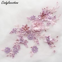 Flor 3D de 40x24cm, 5 colores, encaje cuentas de perlas bordadas de malla, apliques con cristales, tela de encaje hechas para manualidades, adornos, vestido de novia, disfraz 2024 - compra barato