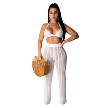 Summer Beach Knitted Grid Two Piece Set Sexy Hollow Out Transparent Crop Top With Long Pants Women Set Vintage Slim Women Outfit 2024 - buy cheap