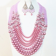 Novas mulheres brincos colar 7 linhas rosa escuro rodada shell simulado-pérola conjunto de jóias de cristal de alta qualidade elegante B1298 2024 - compre barato