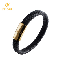2018 New FINE4U B025 Men Jewelry Genuine Braided Leather Bracelet 316L Stainless Steel Magnetic Clasp Fashion Bangles 3 Colors 2024 - buy cheap