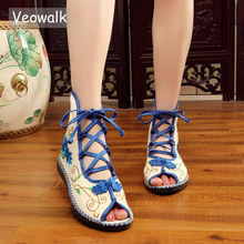 Veowalk-Sandalias de gladiador de lona para mujer, zapatos planos de algodón con punta abierta, cómodos y bordados, superligeros, de verano 2024 - compra barato