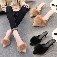 luxury mink fur slides shoes woman pointed toe flock slippers small kitten high heels mules ladies outdoor furry flip flop y1040 2024 - buy cheap