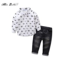 Gentleman Kids Clothes Sets Crown Printed Long Sleeve Shirt+Black Jean 2pcs/set Boys Clothing Spring Autumn Children Suit 2024 - buy cheap