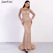 JaneVini Faísca Dubai Ouro Rosa de Manga Longa Vestidos de Noite 2019 Da Sereia O Pescoço Lantejoulas Sexy Arábia Árabe Vestidos de Noite Formais 2024 - compre barato