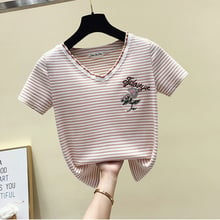 GGRIGHT Striped Tshirt Women Tops Cotton Summer Short Sleeve Female T-shirt Casual Embroidery Letter V-Neck Tee Shirt Femme 2019 2024 - buy cheap