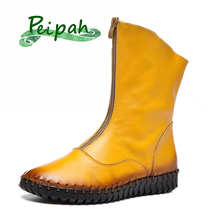 Peipah botas femininas de outono de couro legítimo, botas altas da moda com zíper, sapatos baixos para inverno femininos 2024 - compre barato